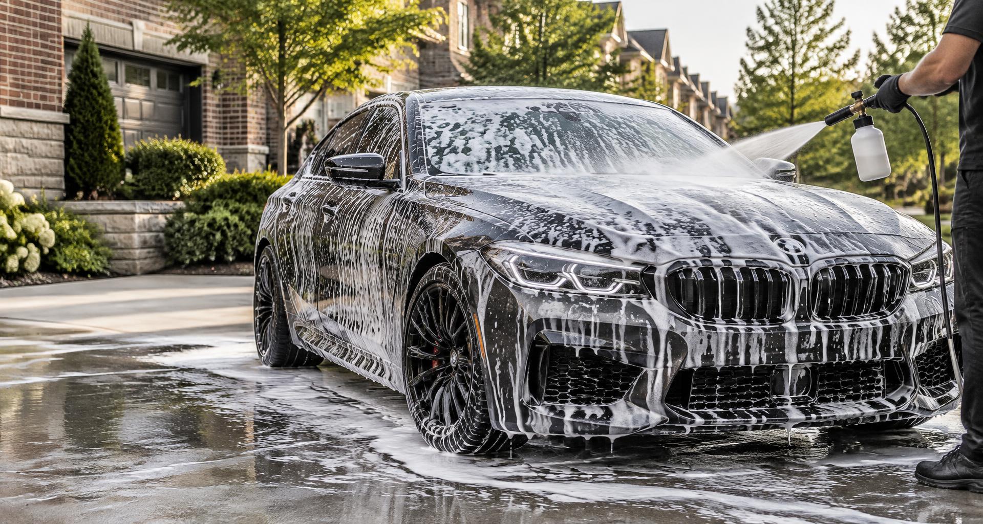 A car receiving a mobile foam wash on a residential driveway